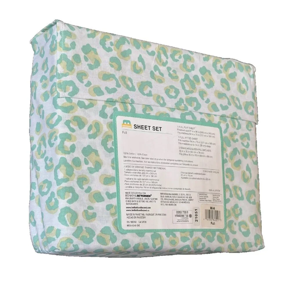new Marmalade brand Lightweight 100% Cotton Full Sheet Set in Mint Green Leopard